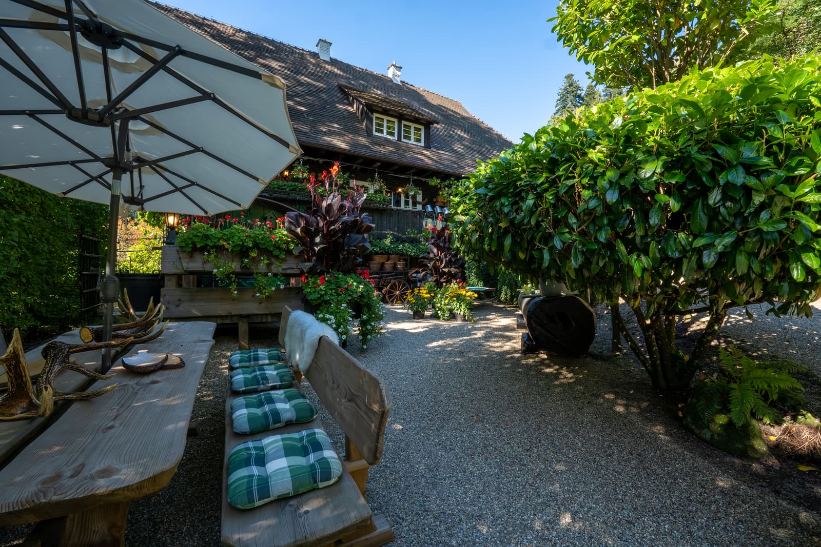 Gemütliche Terrasse mit Holzbank und Blick aufs Schwarzwaldhaus
